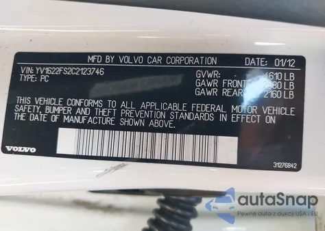 2012 Volvo S60 T5 z USA, uszkodzony, nr VIN YV1622FS2C2123746